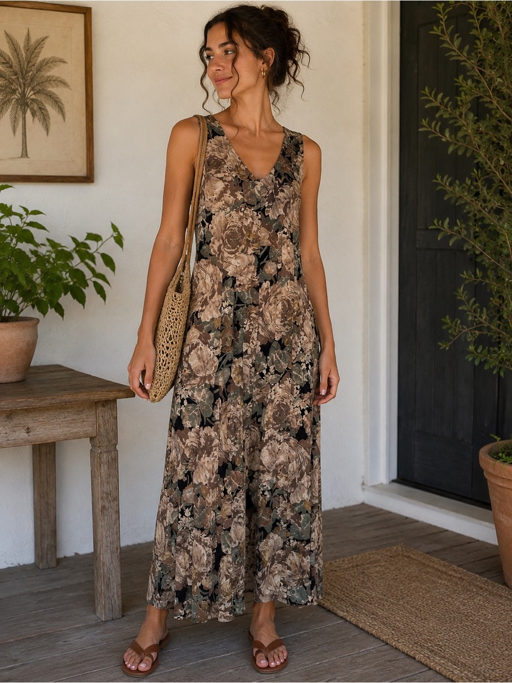 ☀️Vintage Floral Maxi Dress Tie Back Sleeveless Cottagecore Boho Size S/M